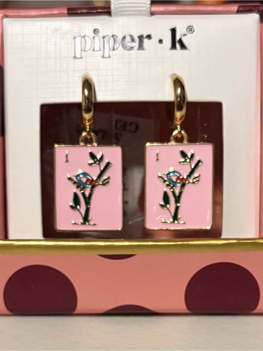 Piper K Pink Enamel Mahjong Tile Drop Huggie Hoop Earrings